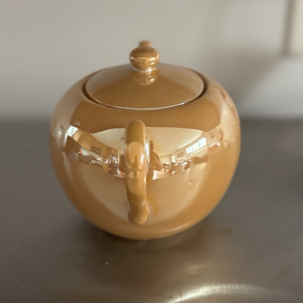 Vintage Orange Yellow Gold Luster ware Iridescent Teapot And Sugar Made In Japan - Picture 14 of 16
